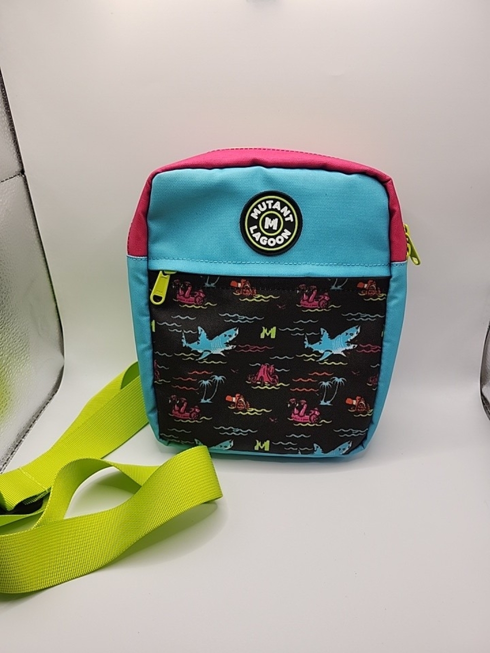 Mutant Lagoon Crossbody Bag/Kids Blue & Pink Crossbody Bag with Neon Green Strap